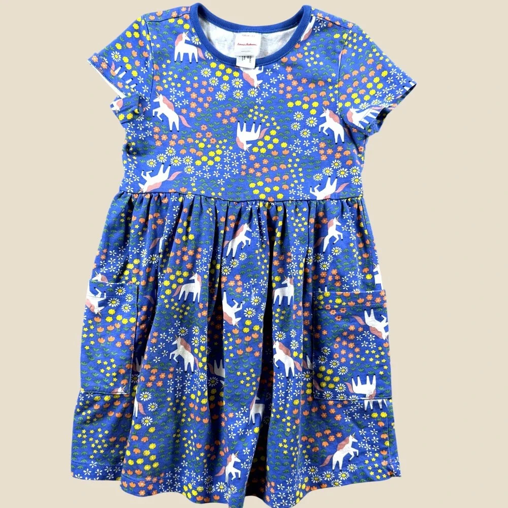 Hanna Andersson Pocket Dress Youth 5 Blue Unicorn Floral Cotton Casual Everyday